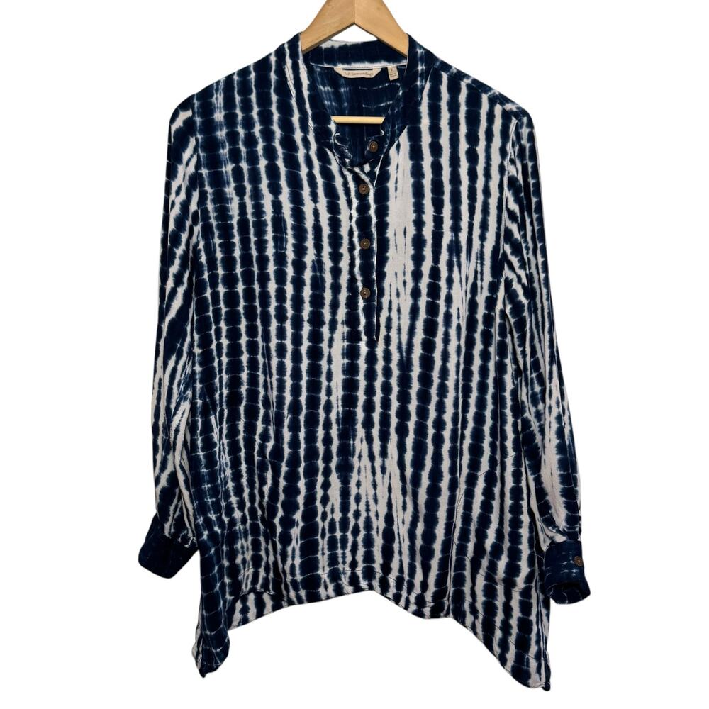 Soft Surroundings  Blue White Tie Dye Popover Rayon Blouse Size Large